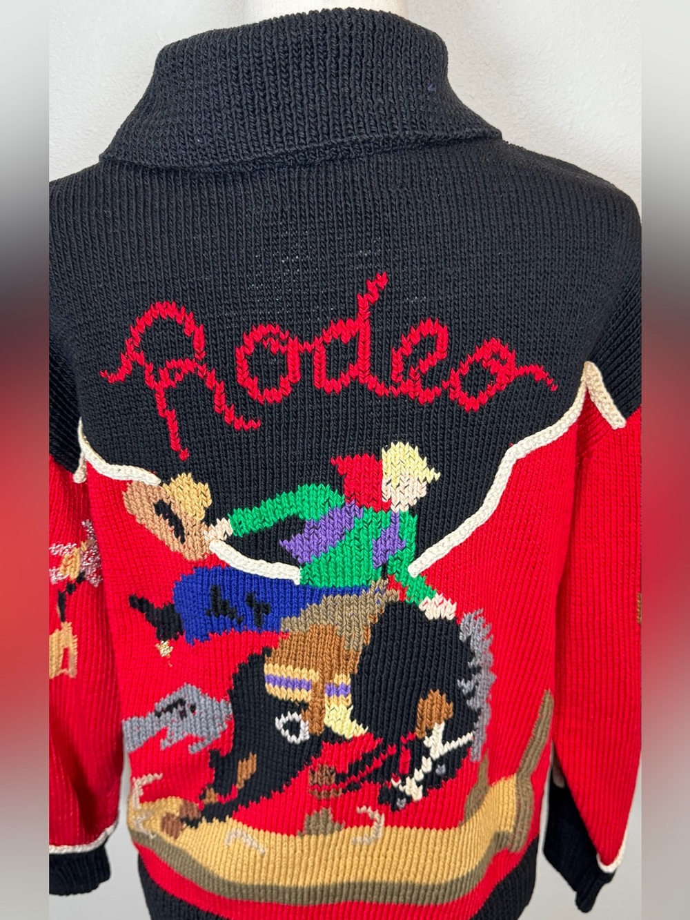 Vintage 80’s Berek Label Cowboy Rodeo Western Hand Knit Sweater Red Black Medium - Picture 8 of 15